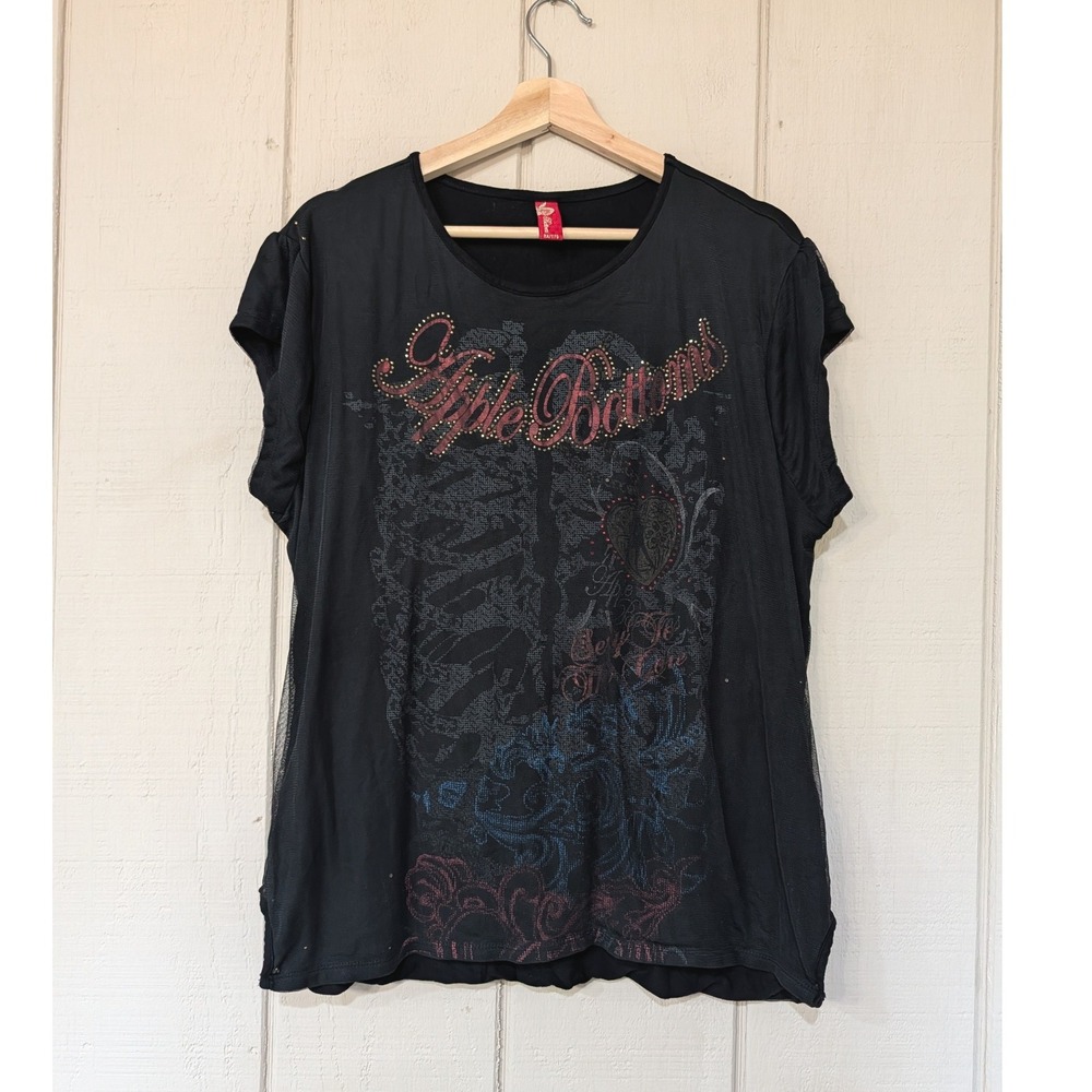 Apple Bottoms Vintage‎ Y2K Skeleton Ribcage Graphic Mesh Top Black Plus Size 2X